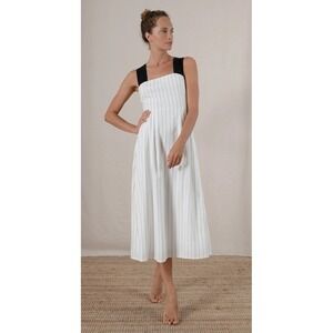Luxmii Gessato Linen Midi Dress White Black Pinstripe Women's Size XS MSRP $299